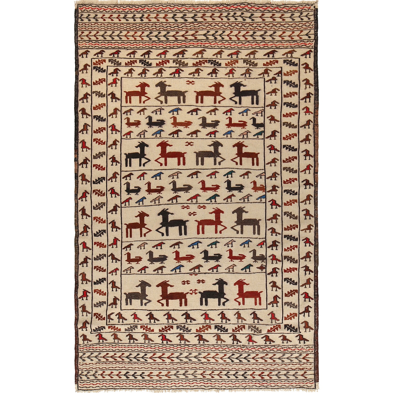 Soumak Kilim Area Rug Handmade White Pictorial 4x6 ft