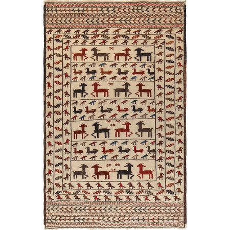 Soumak Kilim Area Rug Handmade White Pictorial 4x6 ft