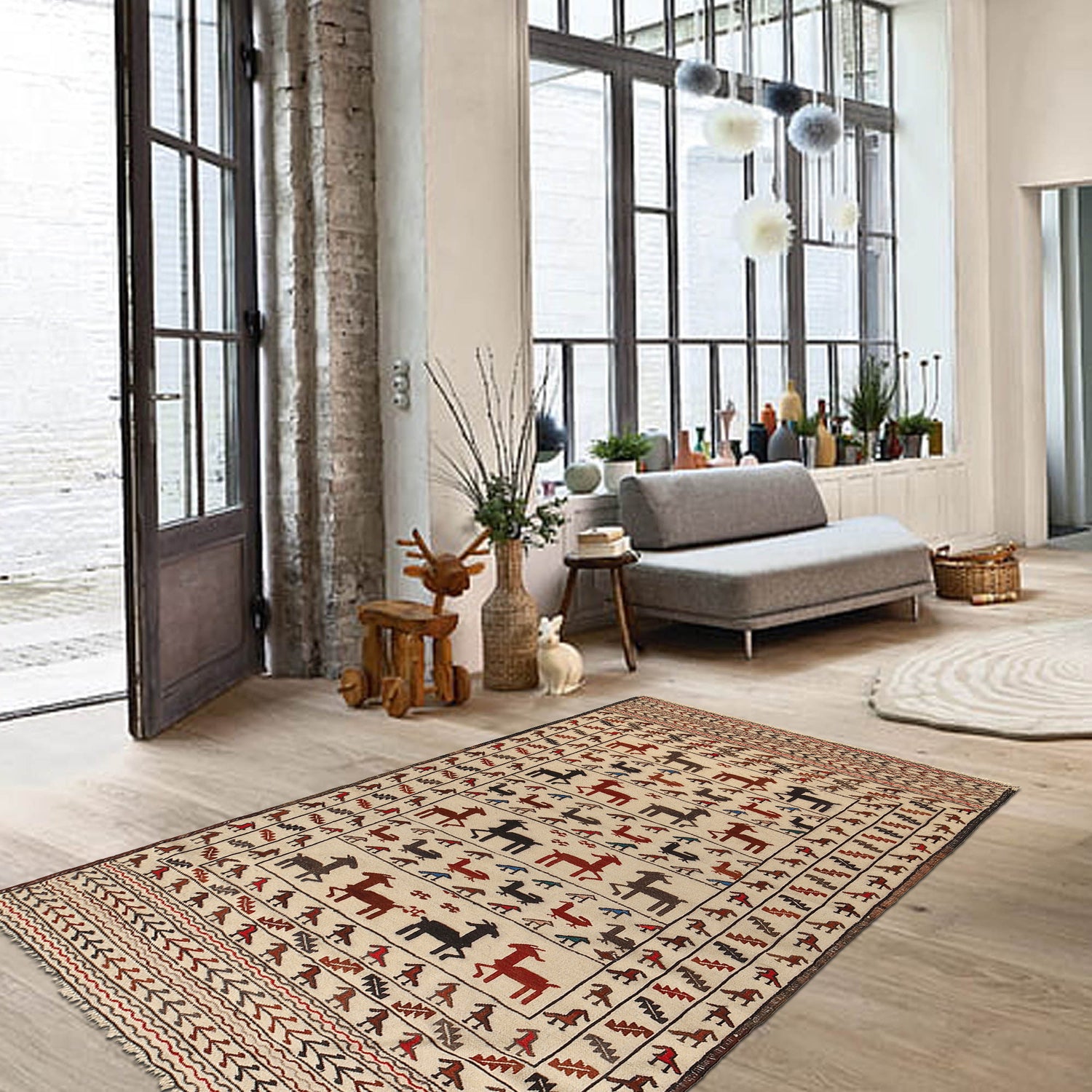 Soumak Kilim Area Rug Handmade White Pictorial 4x6 ft