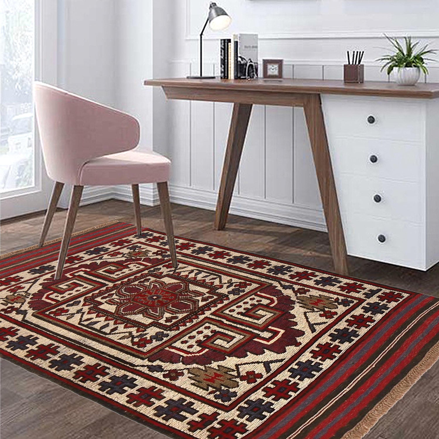 Saghari Kilim Area Rug Handmade Beige Floral 3x5 ft