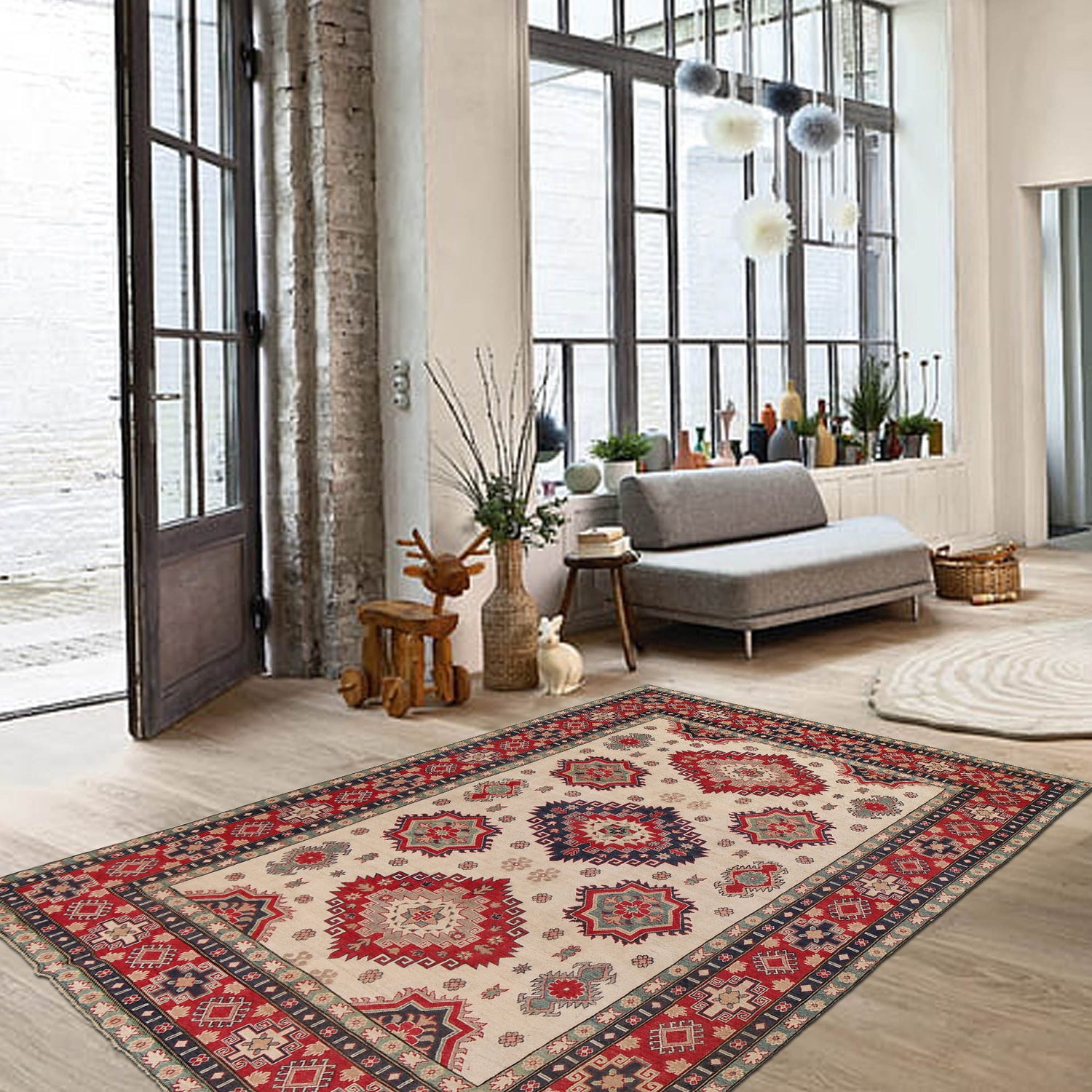 Kazak Rug Handmade Ivory Medallion 9x12 ft