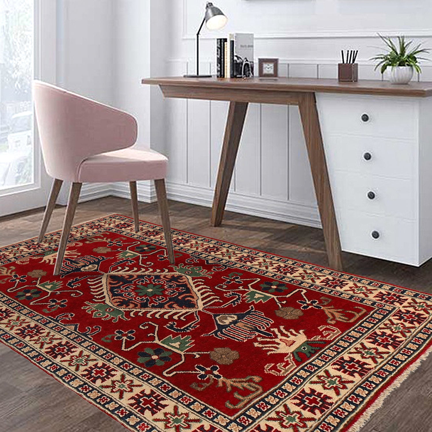 Kazak Rug Handmade Red Medallion 3x5 ft