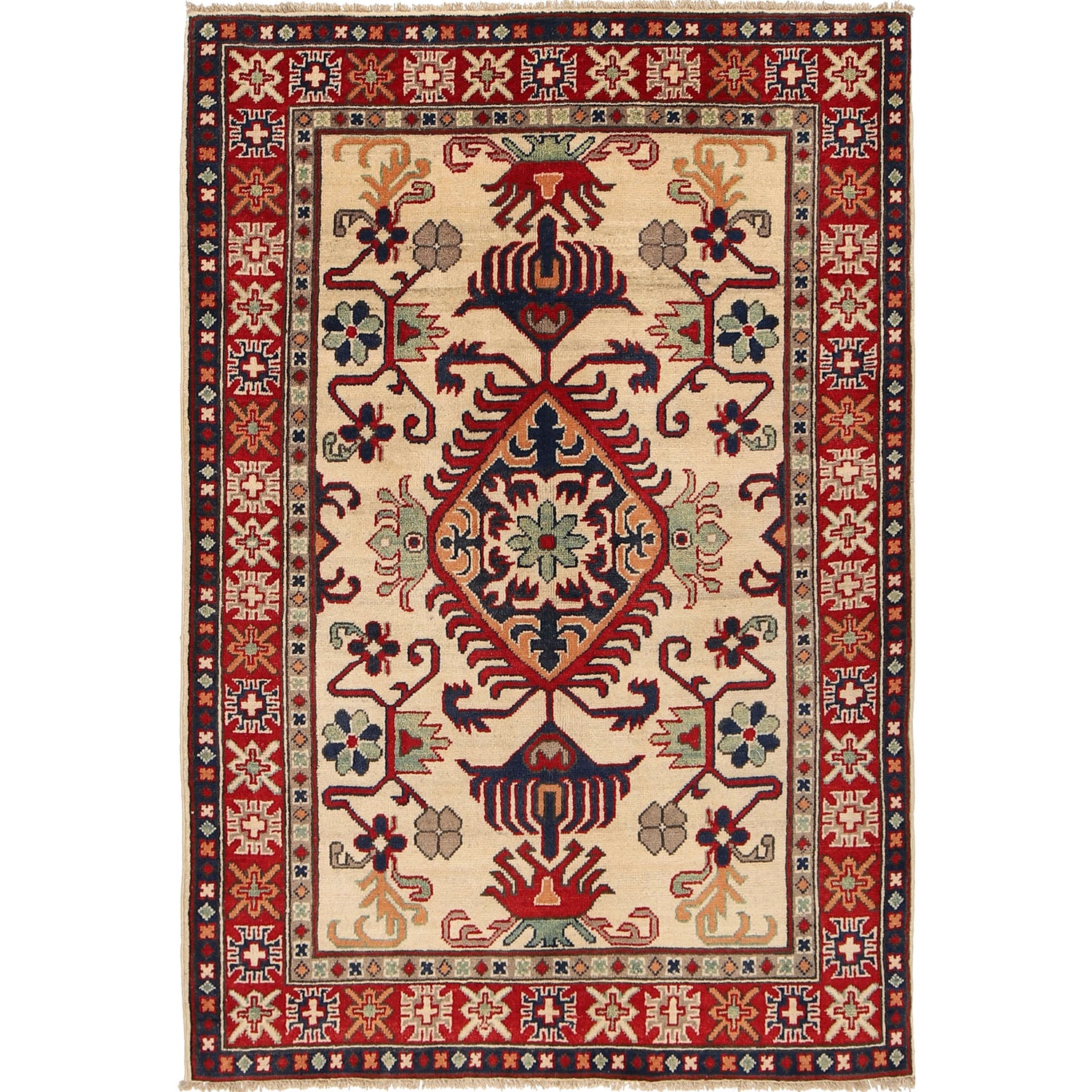Kazak Rug Handmade Ivory Medallion 3x5 ft
