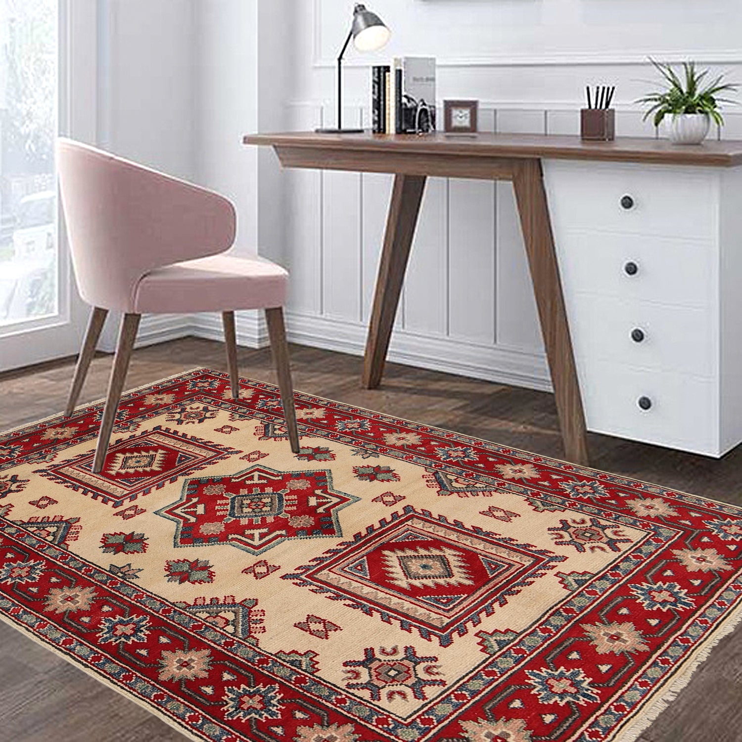 Kazak Rug Handmade Ivory Medallion 3x5 ft