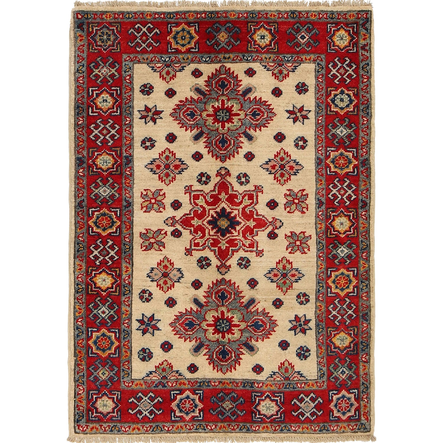 Kazak Rug Handmade Ivory Medallion 2x4 ft