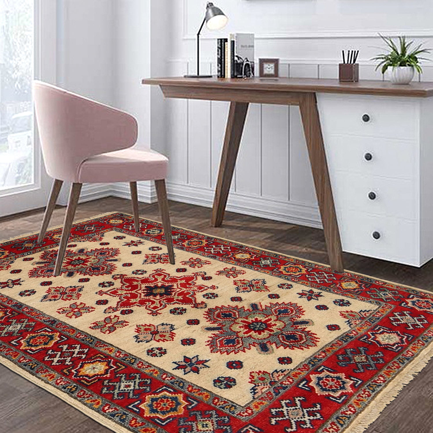Kazak Rug Handmade Ivory Medallion 2x4 ft