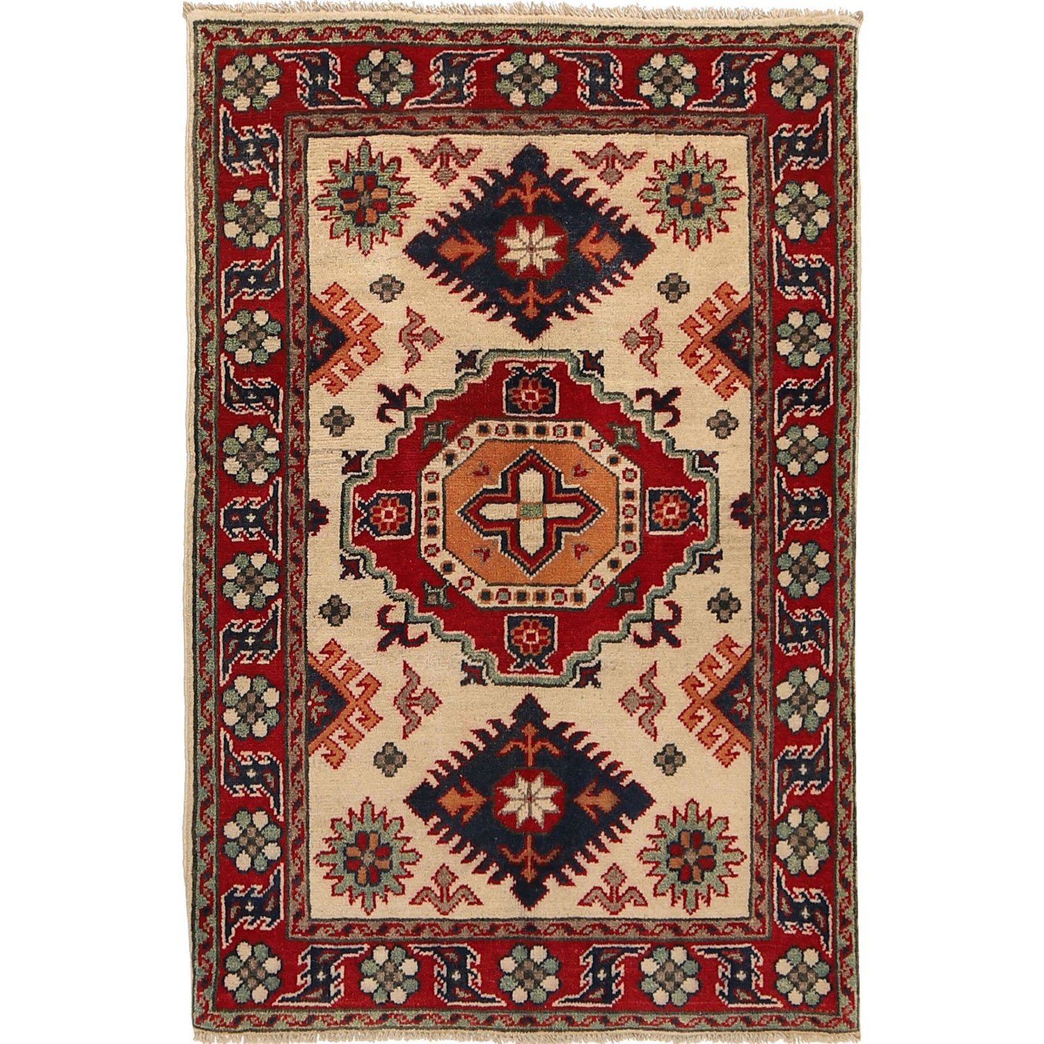 Kazak Rug Handmade Ivory Medallion 2x4 ft