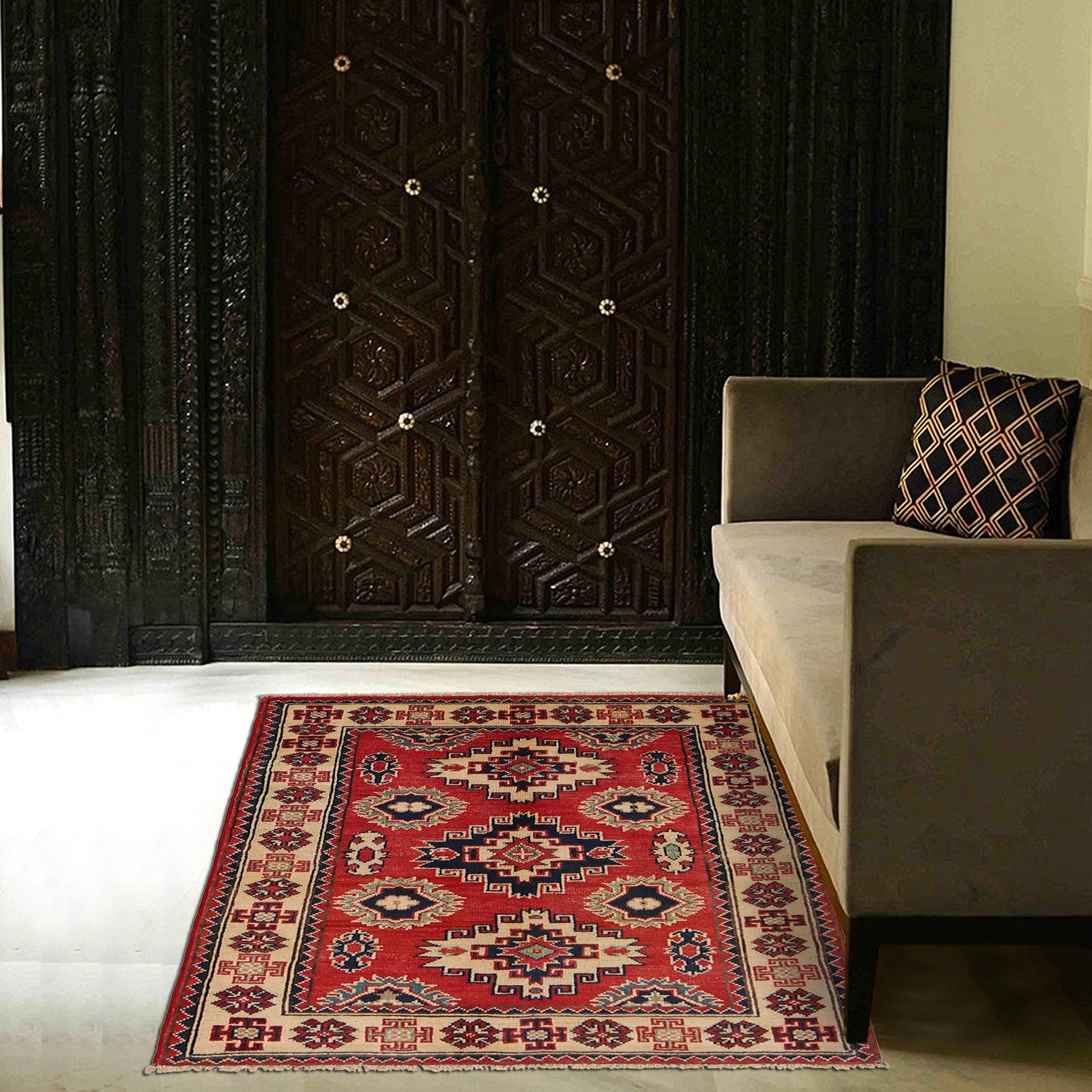 Kazak Rug Handmade Red Medallion 2x4 ft