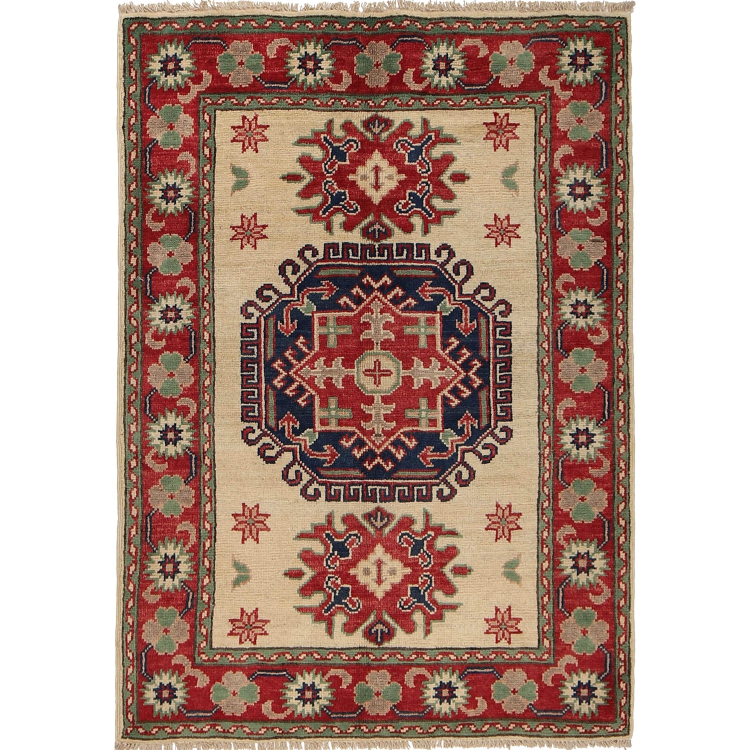 Kazak Rug Handmade Ivory Medallion 2x4 ft