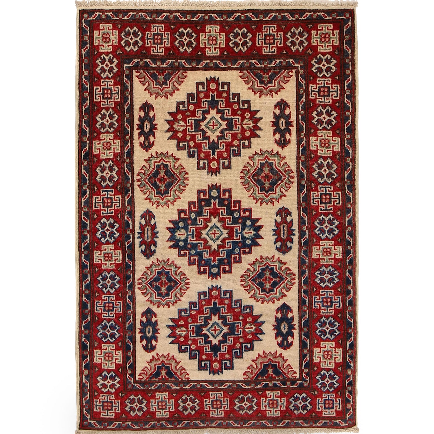 Kazak Rug Handmade Ivory Medallion 2x4 ft