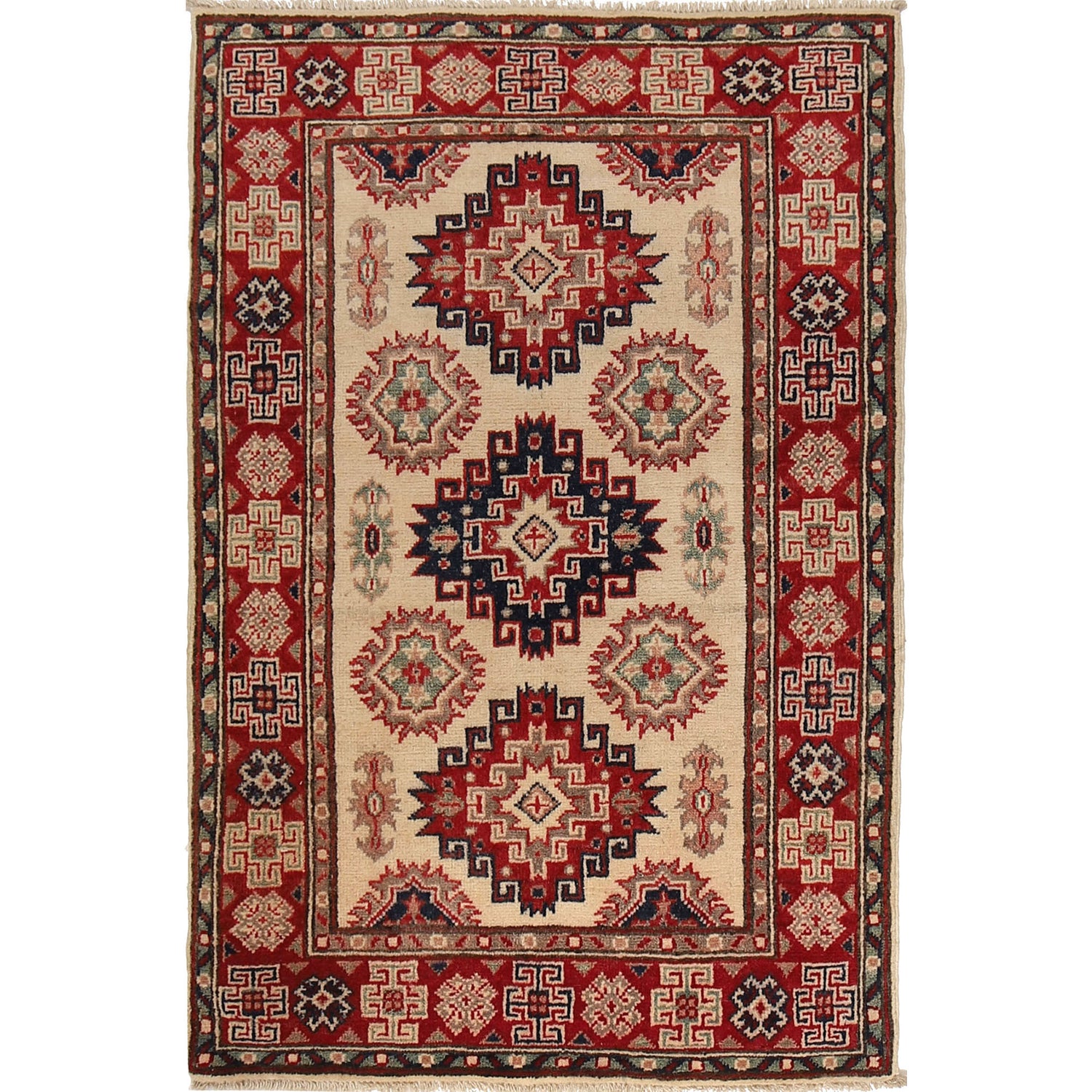 Kazak Rug Handmade Ivory Medallion 2x4 ft