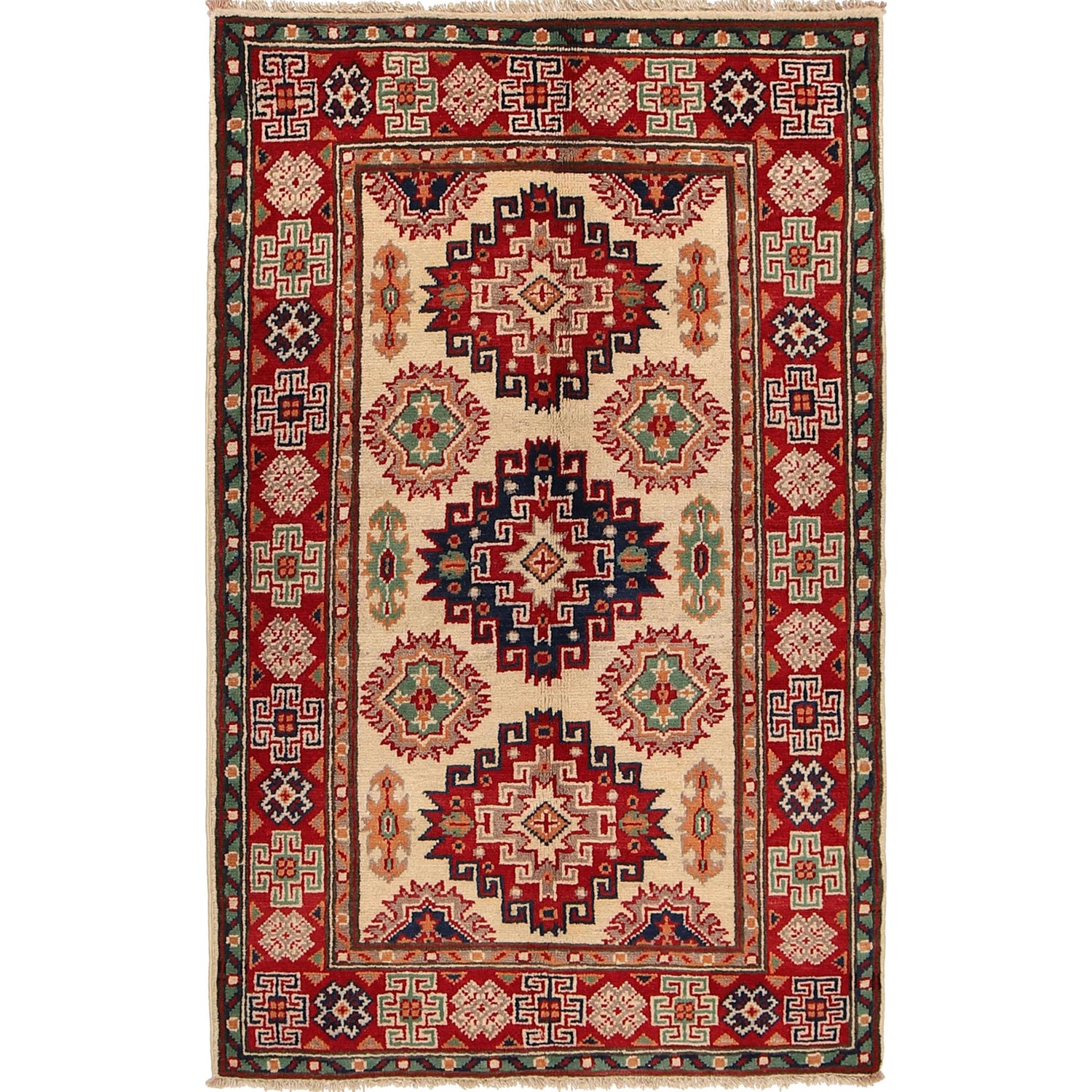 Kazak Rug Handmade Ivory Medallion 2x4 ft