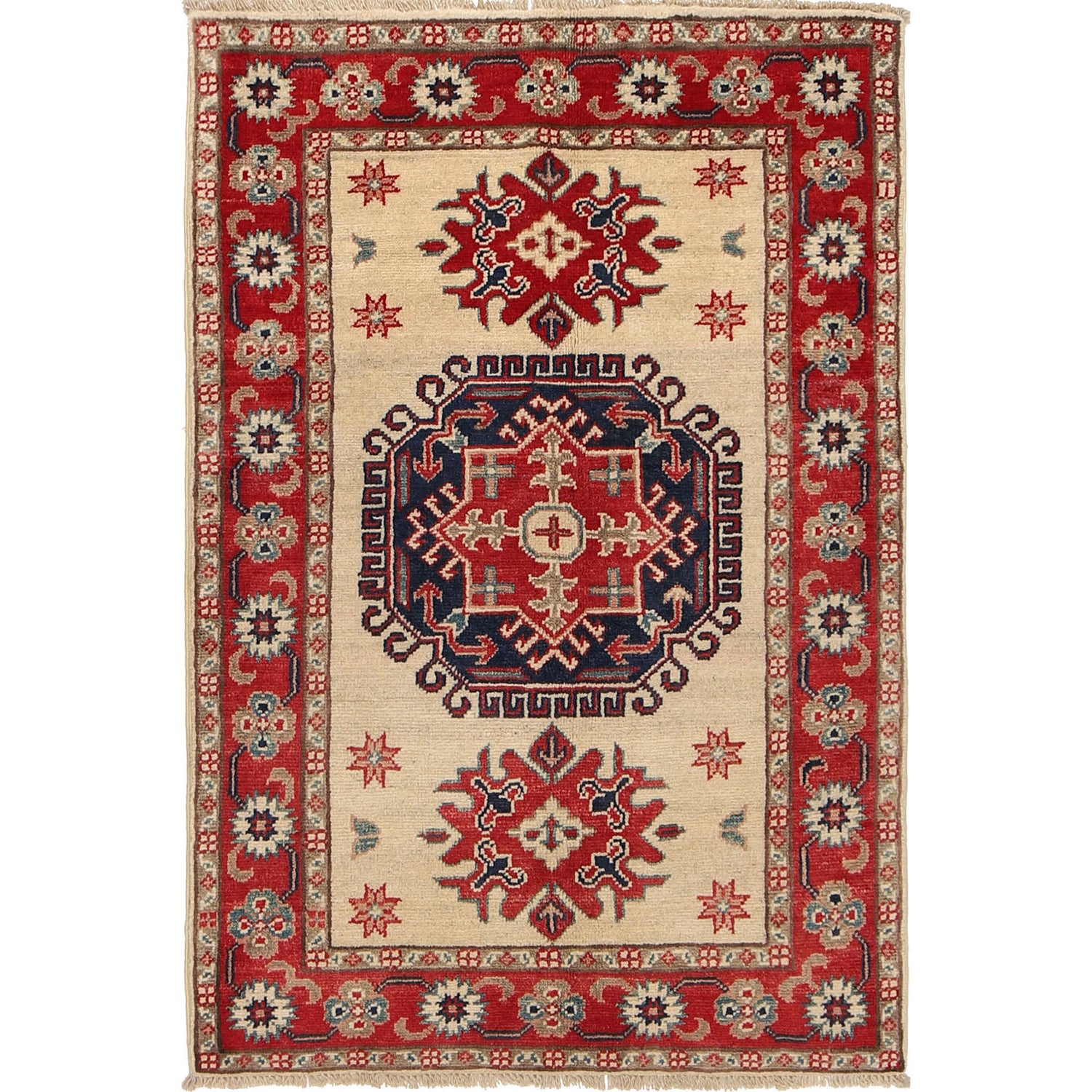 Kazak Rug Handmade Ivory Medallion 2x4 ft