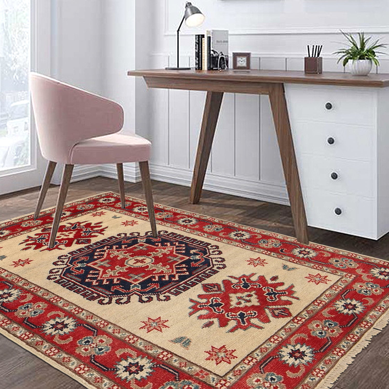 Kazak Rug Handmade Ivory Medallion 2x4 ft