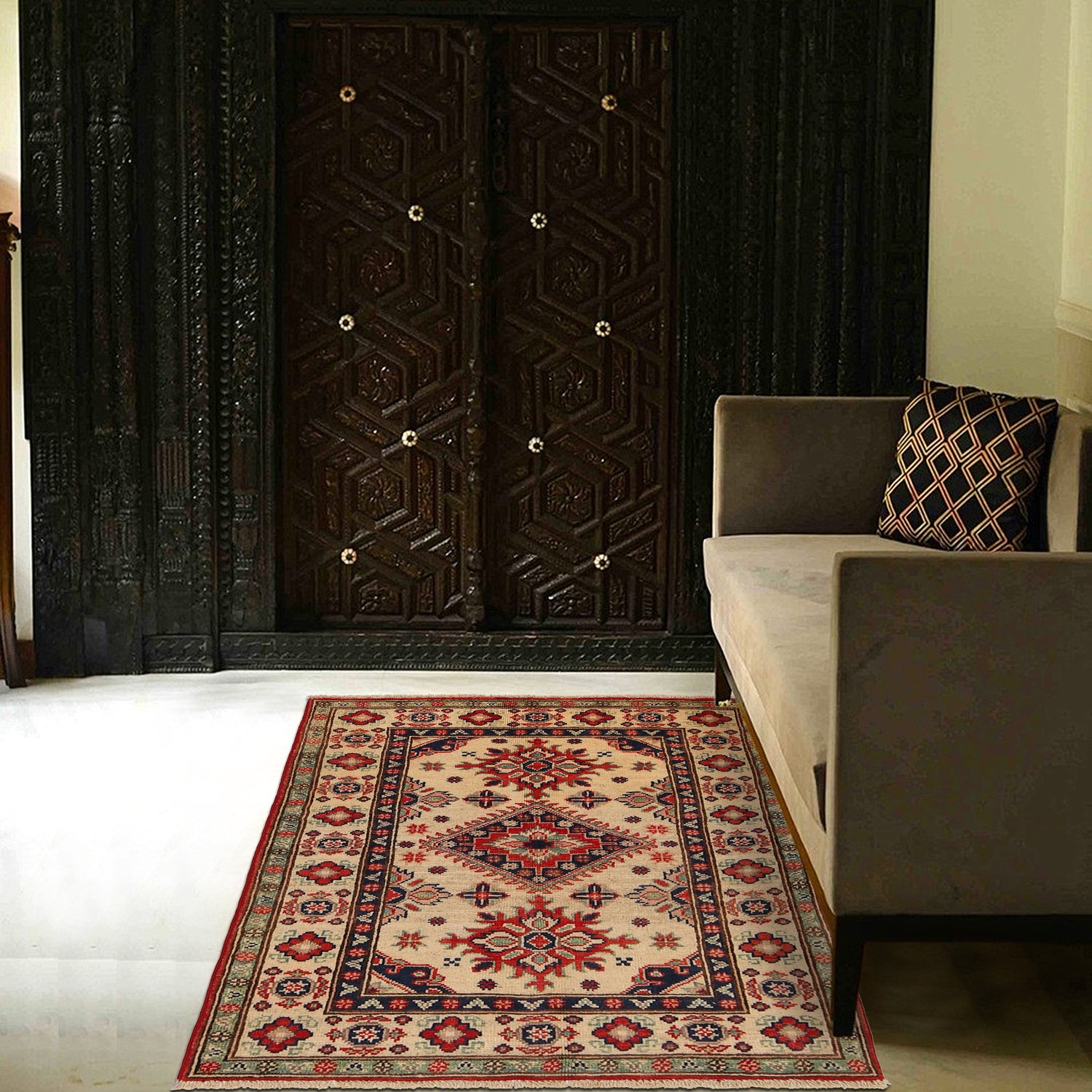 Kazak Rug Handmade Ivory Medallion 2x4 ft