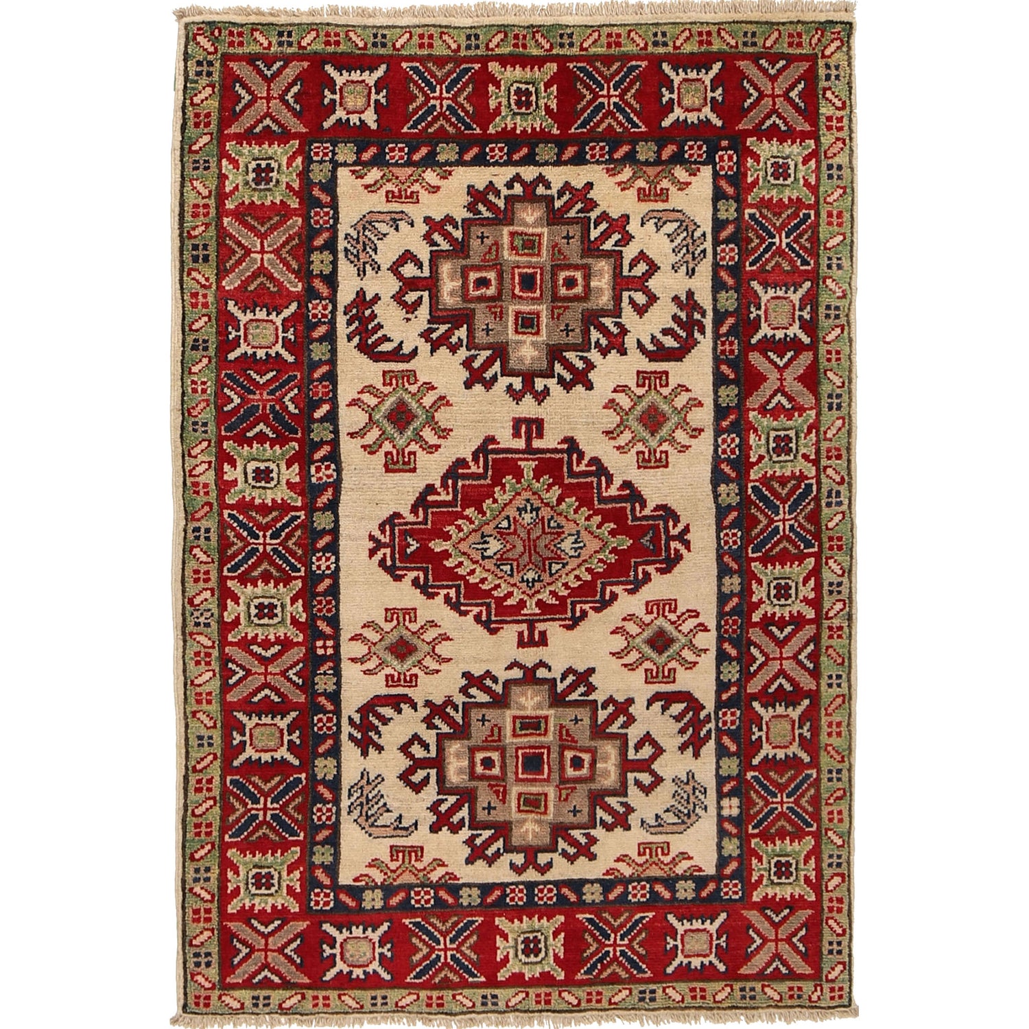 Kazak Rug Handmade Ivory Medallion 2x4 ft