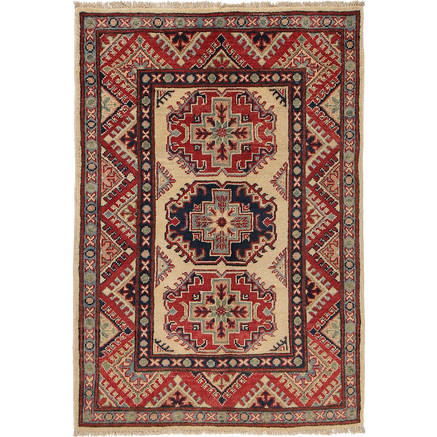 Kazak Rug Handmade Ivory Medallion 2x4 ft