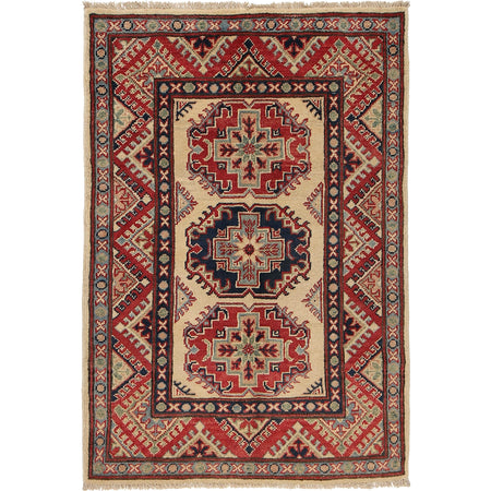 Kazak Rug Handmade Ivory Medallion 2x4 ft