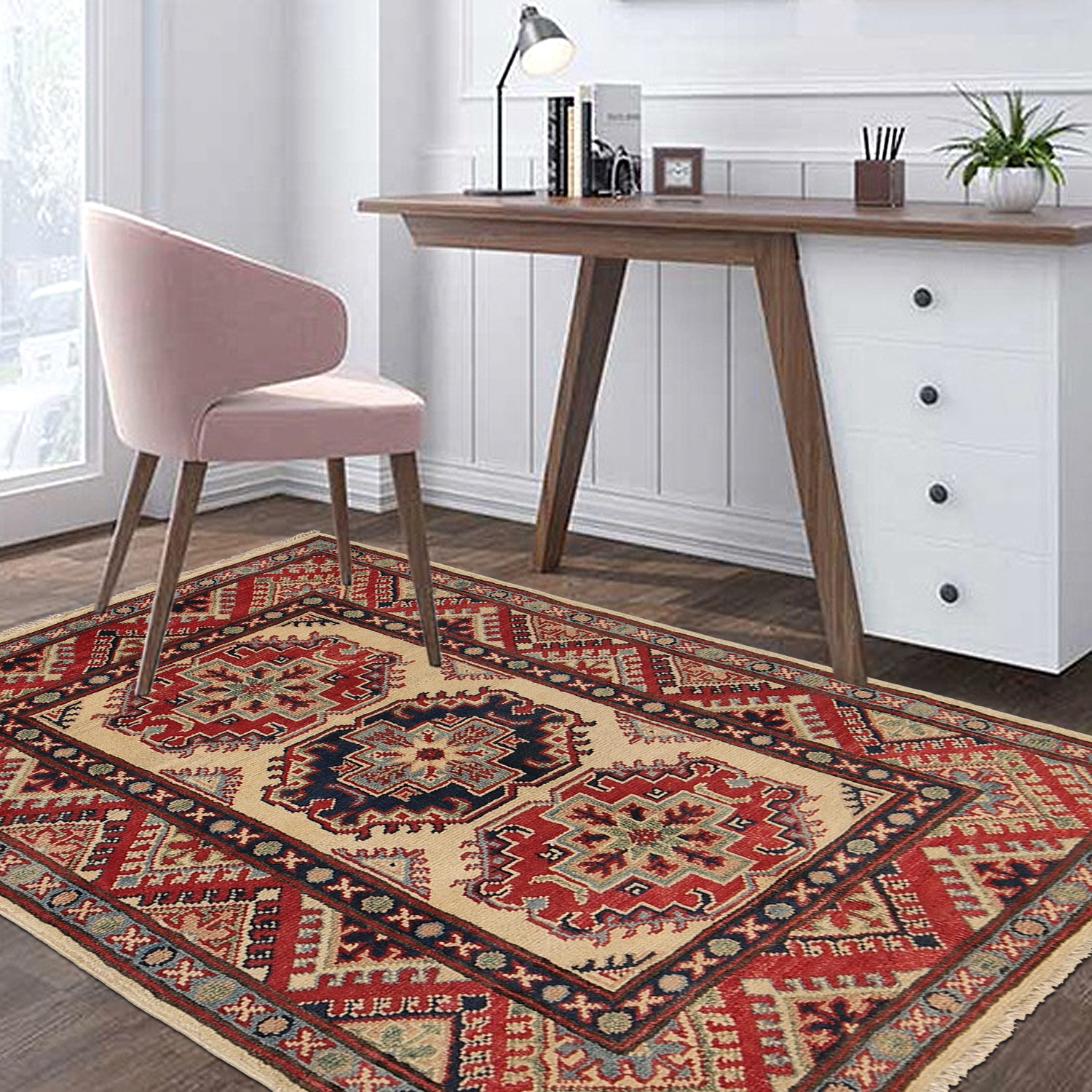 Kazak Rug Handmade Ivory Medallion 2x4 ft