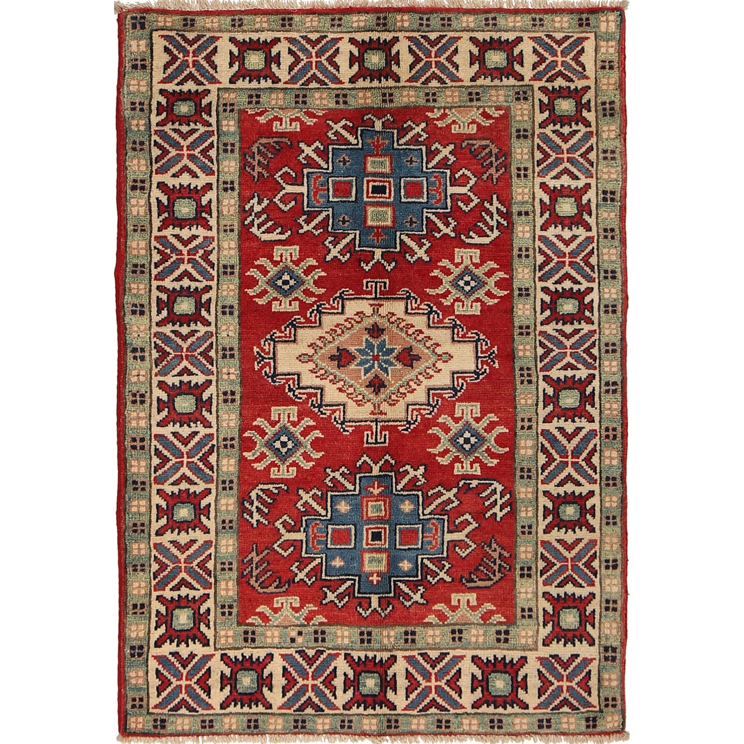 Kazak Rug Handmade Red Medallion 2x4 ft