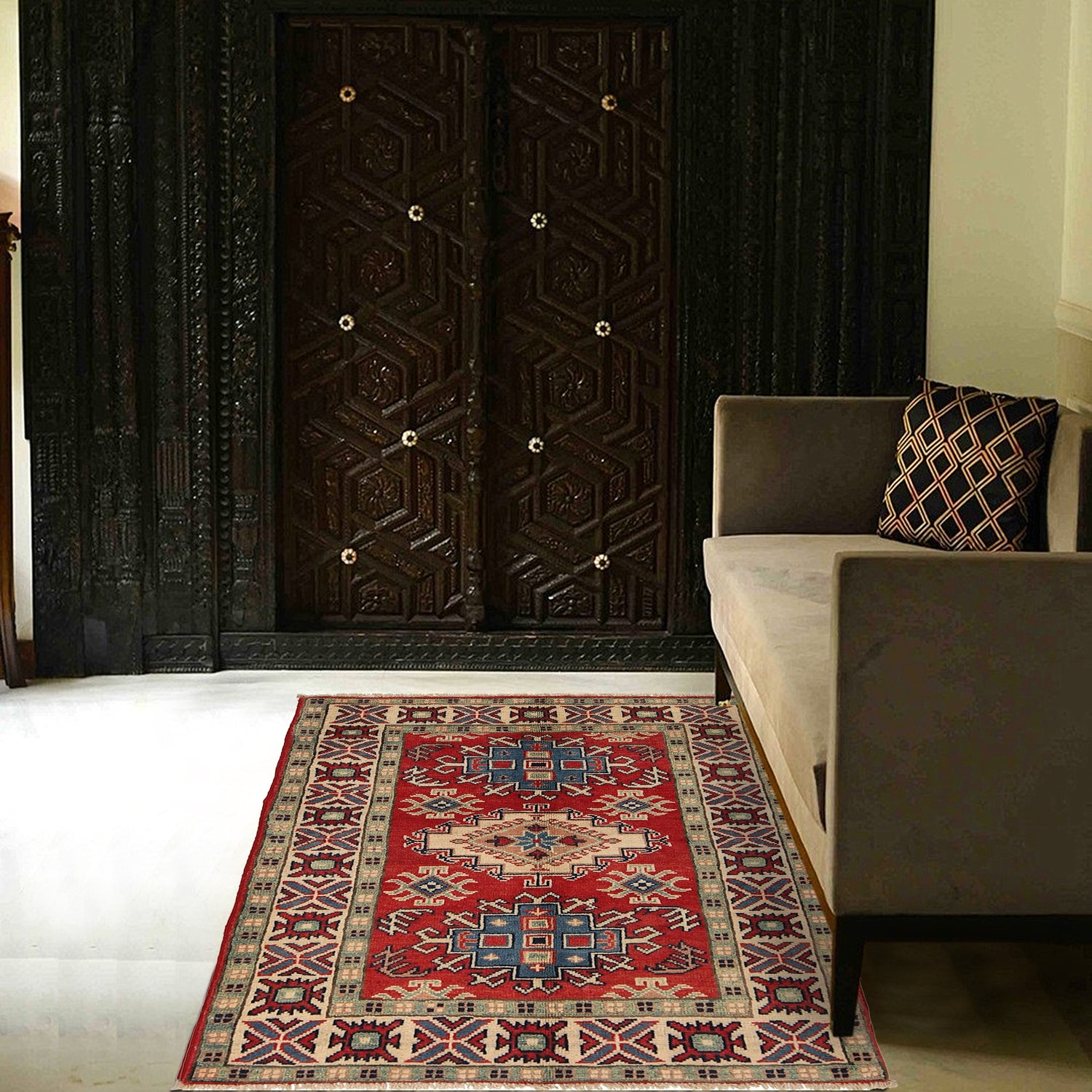 Kazak Rug Handmade Red Medallion 2x4 ft