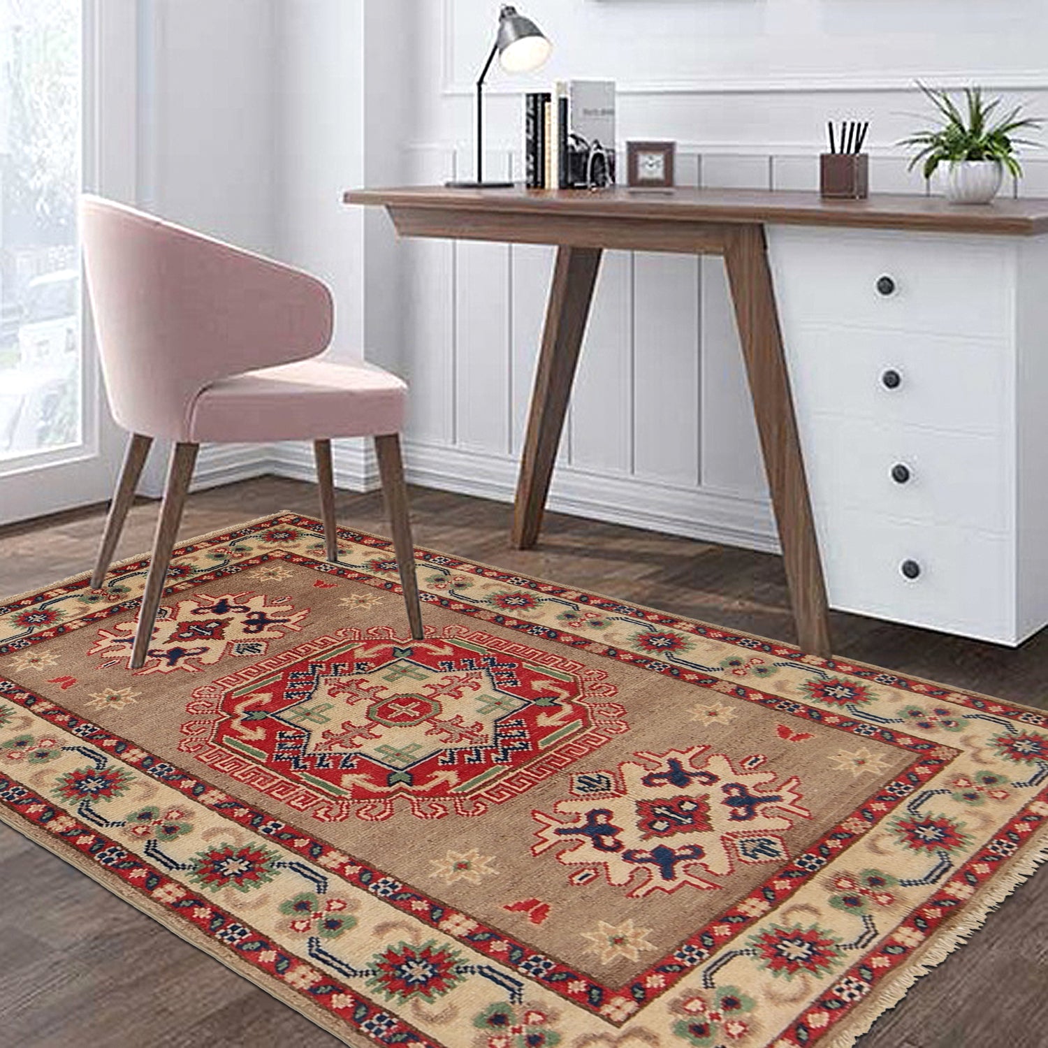 Kazak Rug Handmade Gray Medallion 2x4 ft