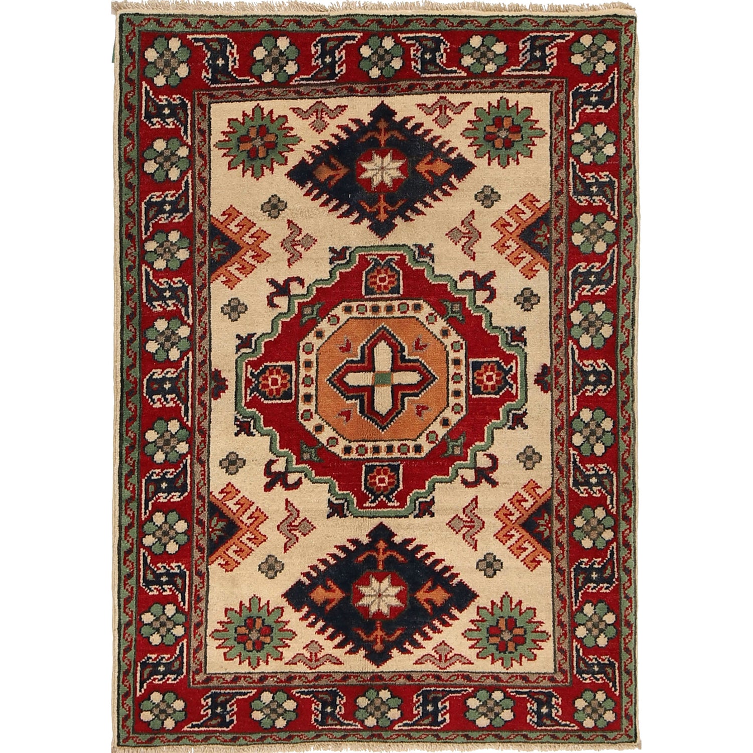 Kazak Rug Handmade Ivory Medallion 2x4 ft