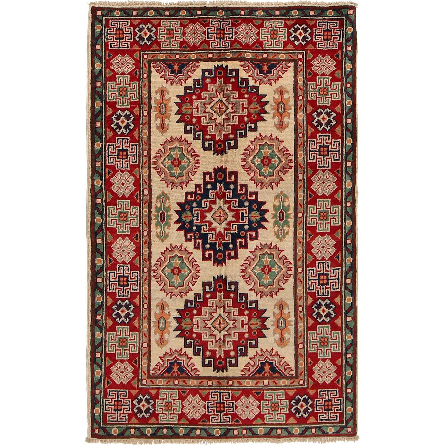 Kazak Rug Handmade Ivory Medallion 2x4 ft