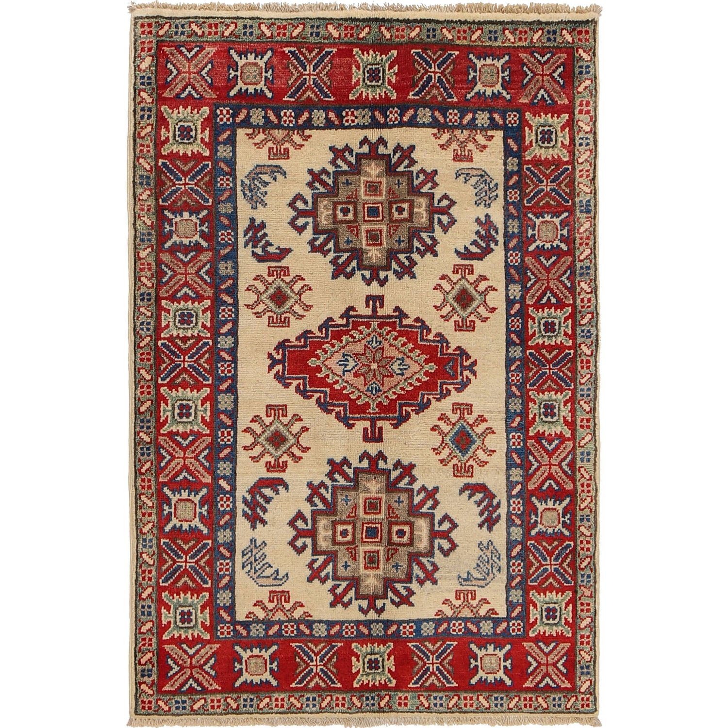 Kazak Rug Handmade Ivory Medallion 2x4 ft