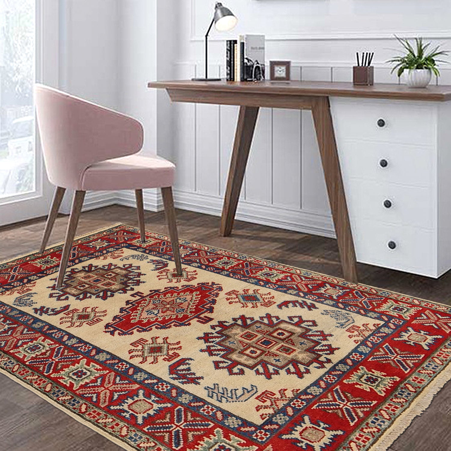 Kazak Rug Handmade Ivory Medallion 2x4 ft