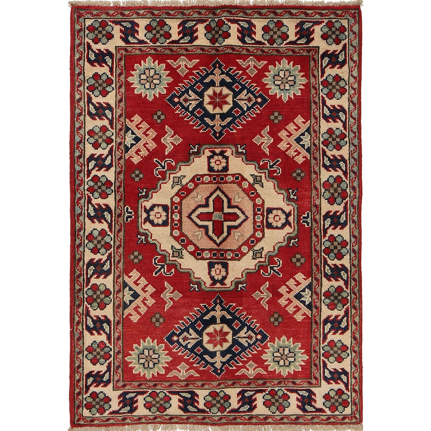 Kazak Rug Handmade Red Medallion 2x4 ft