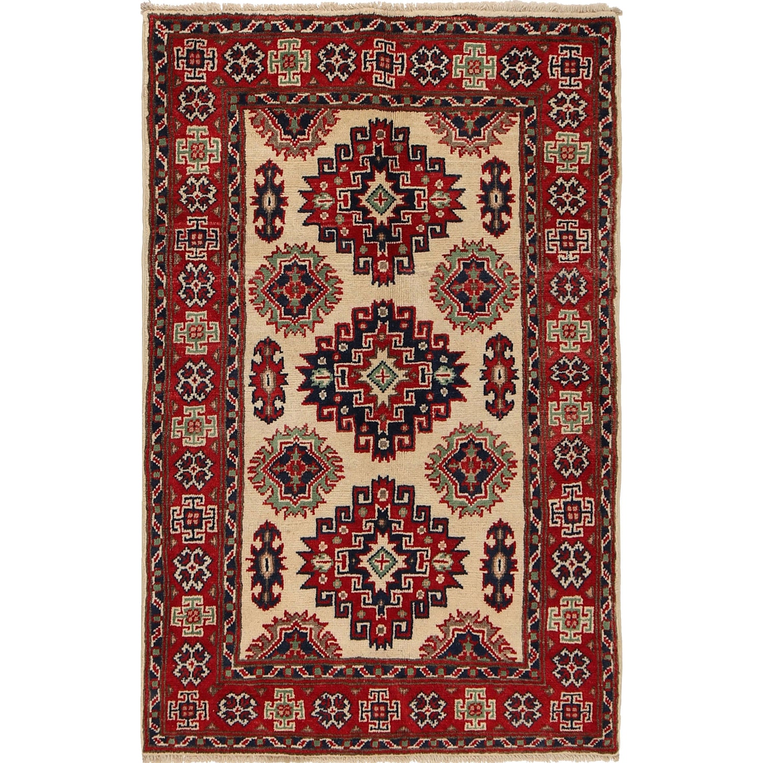 Kazak Rug Handmade Ivory Medallion 2x4 ft