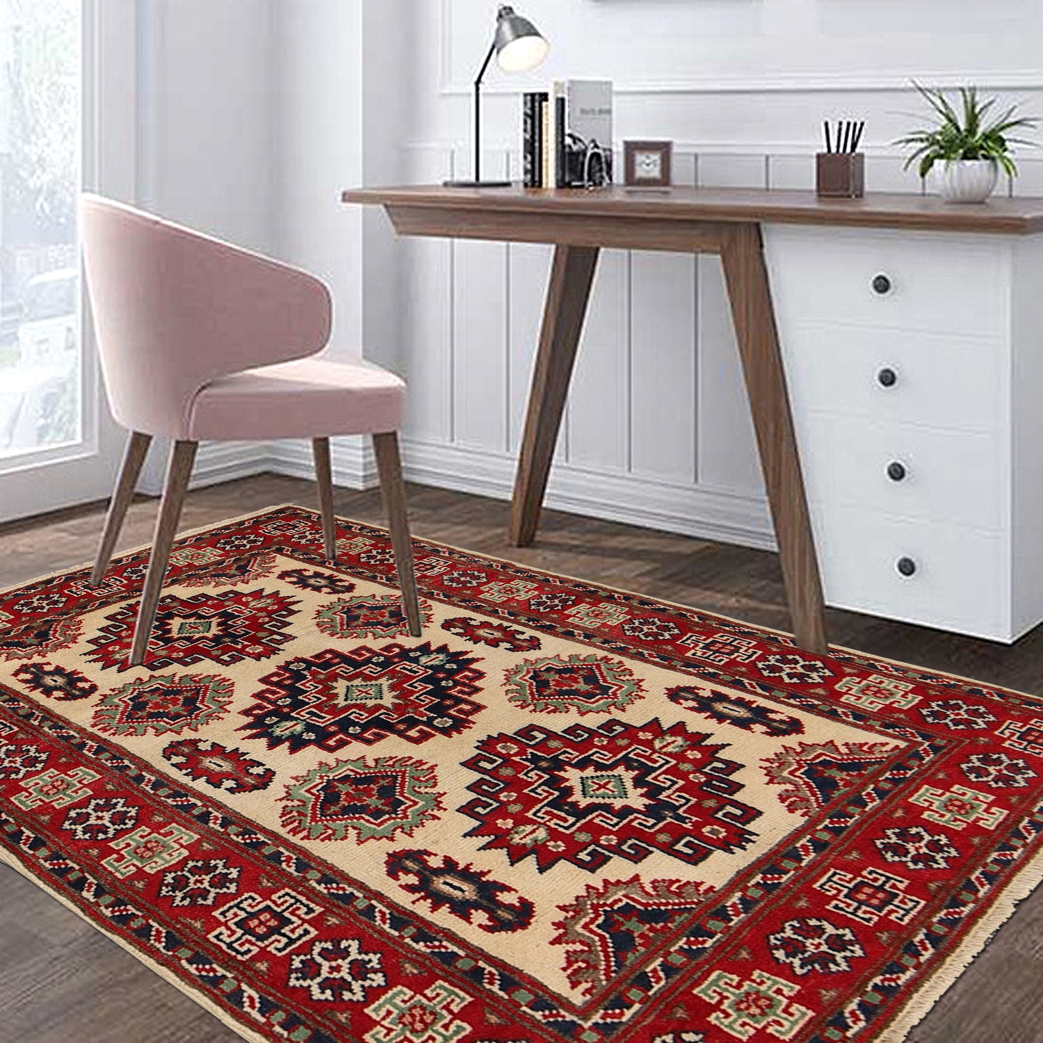 Kazak Rug Handmade Ivory Medallion 2x4 ft