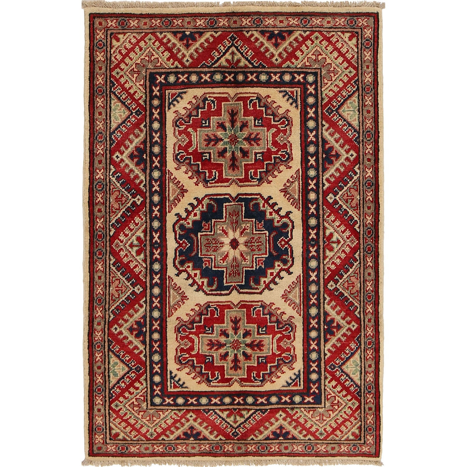 Kazak Rug Handmade Ivory Medallion 2x4 ft