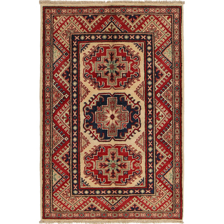 Kazak Rug Handmade Ivory Medallion 2x4 ft