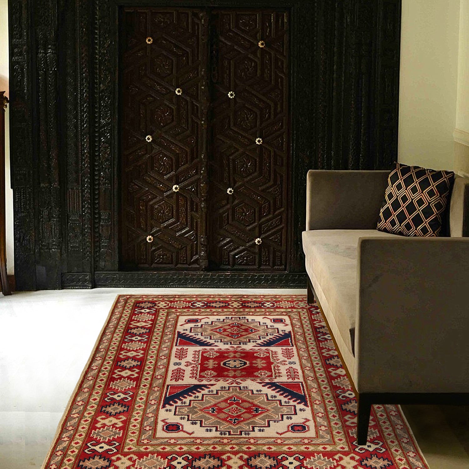 Kazak Rug Handmade Ivory Medallion 3x5 ft