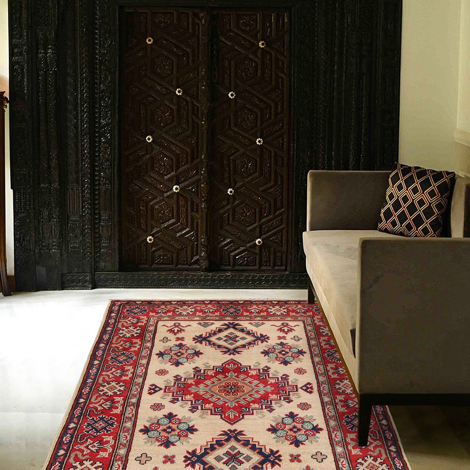 Kazak Rug Handmade Ivory Medallion 3x5 ft