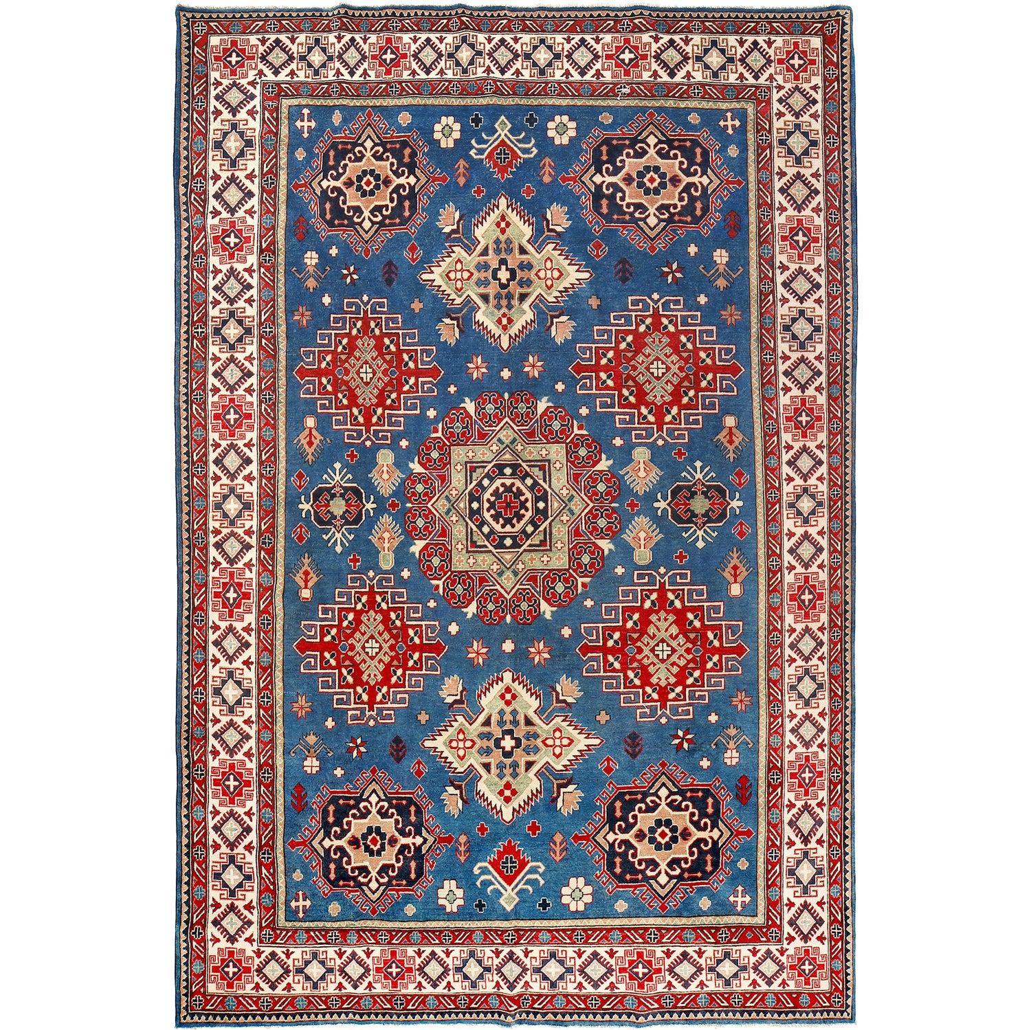 Kazak Rug Handmade Blue Medallion 9x12 ft