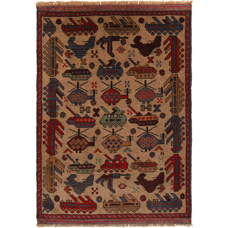War Area Rug Handmade Brown Tank + Helicopter 3x5 ft