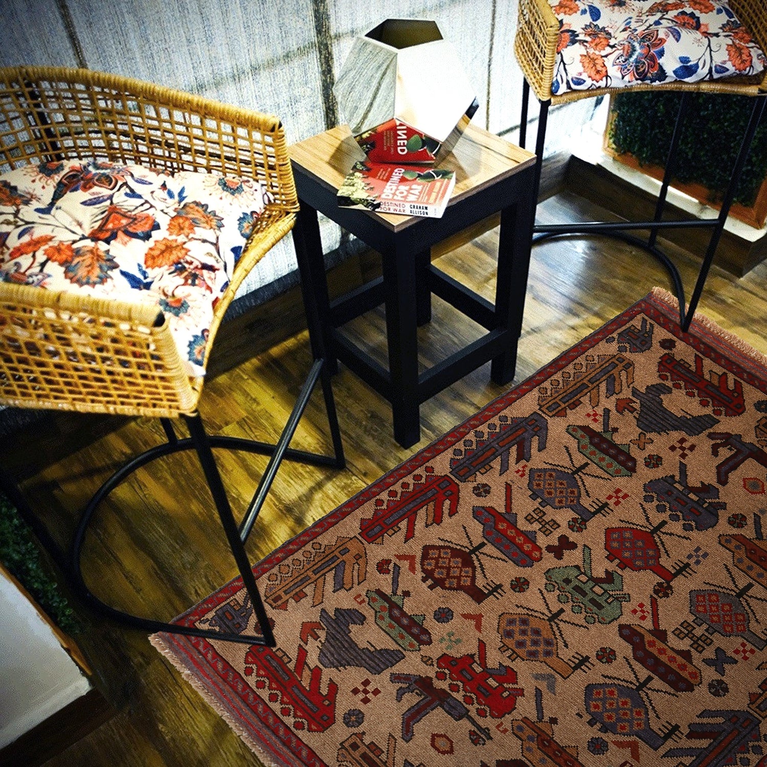 War Area Rug Handmade Brown Tank + Helicopter 3x5 ft