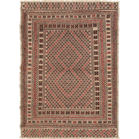 Soumak Kilim Area Rug Handmade White Geometric 4x6 ft