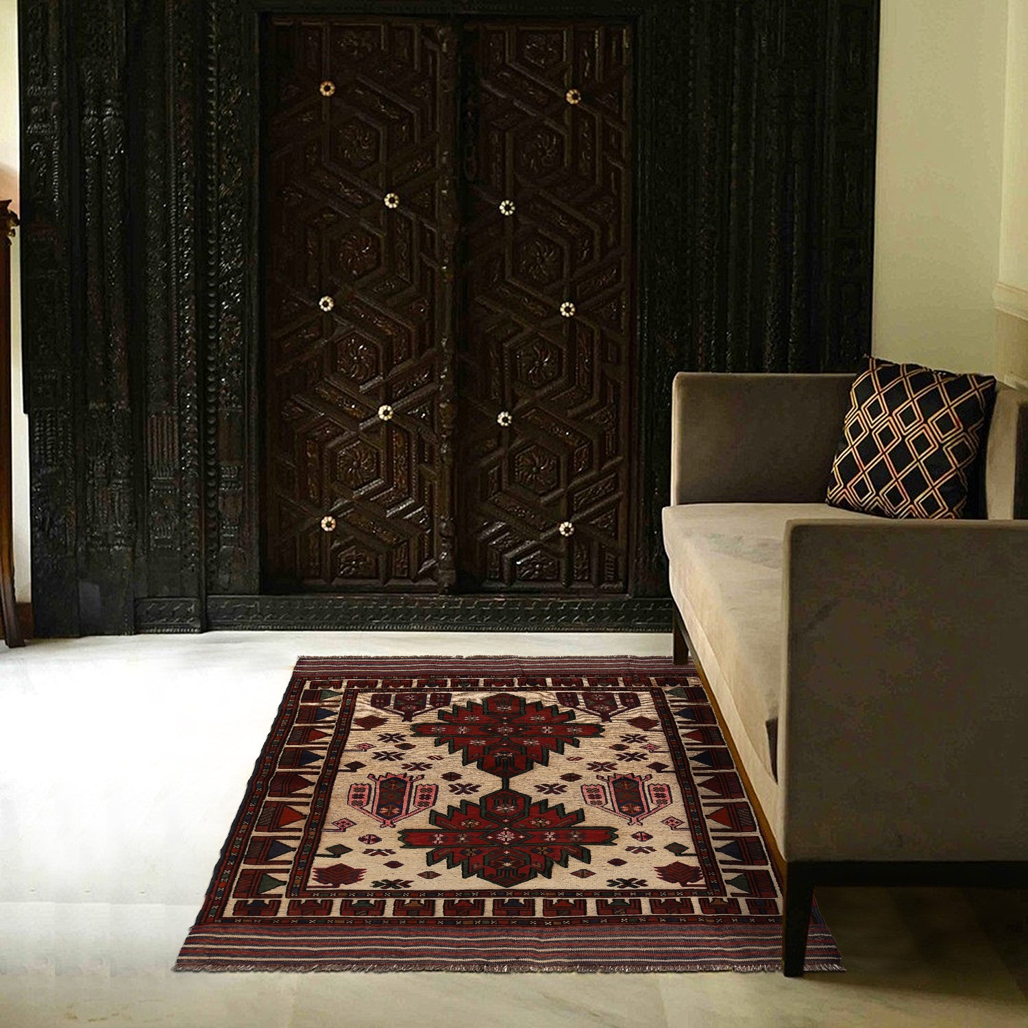 Barjasta Area Rug Handmade Beige Floral 4x6 ft