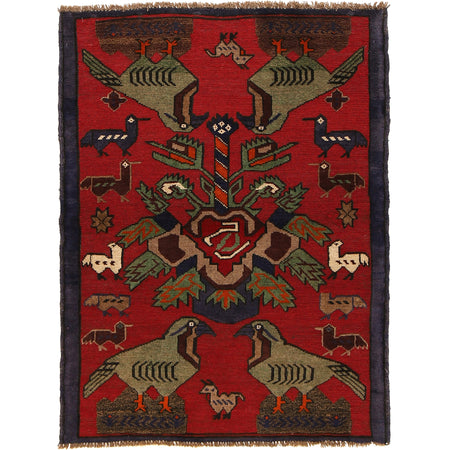 Pictorial Rug Handmade Red Design