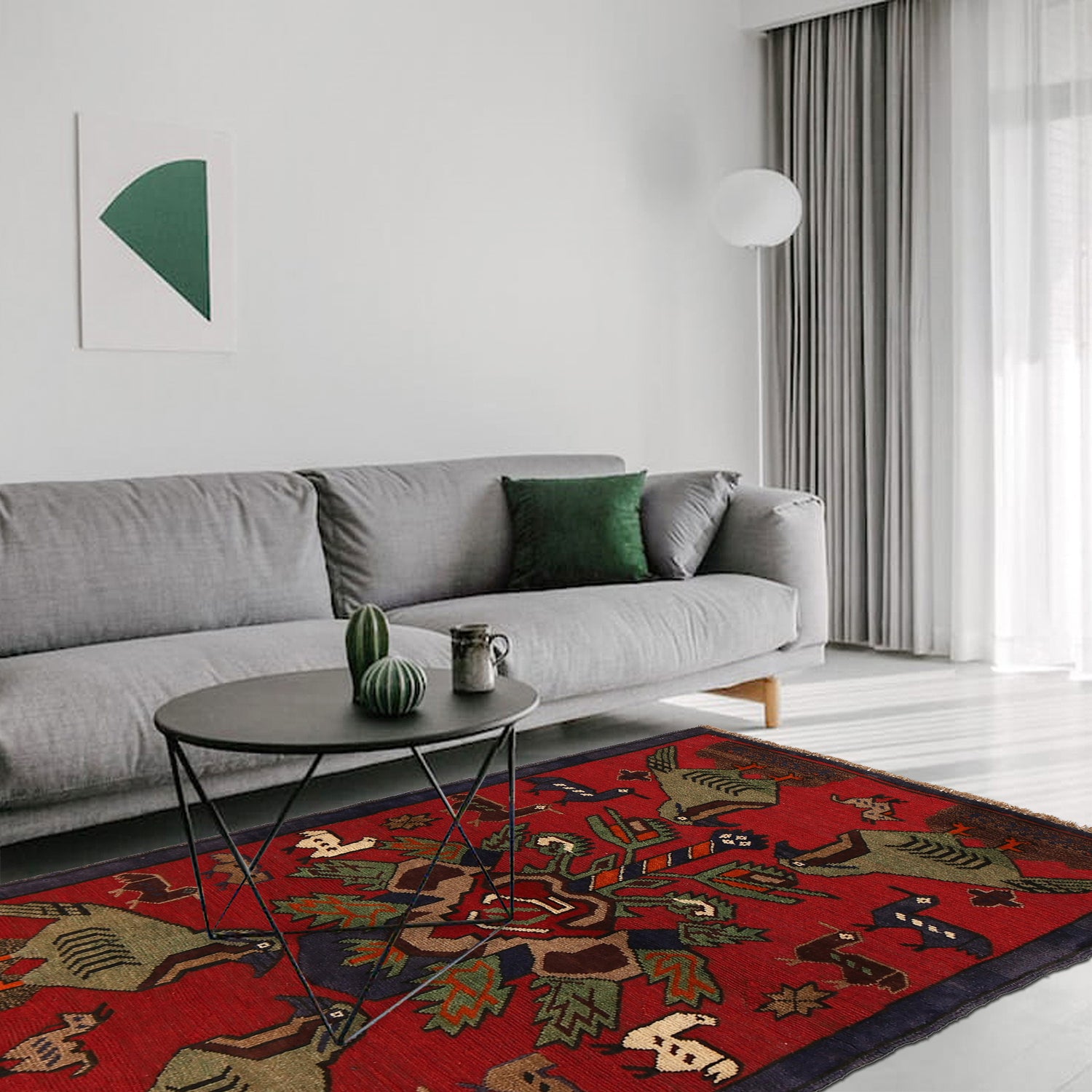 Pictorial Rug Handmade Red Design