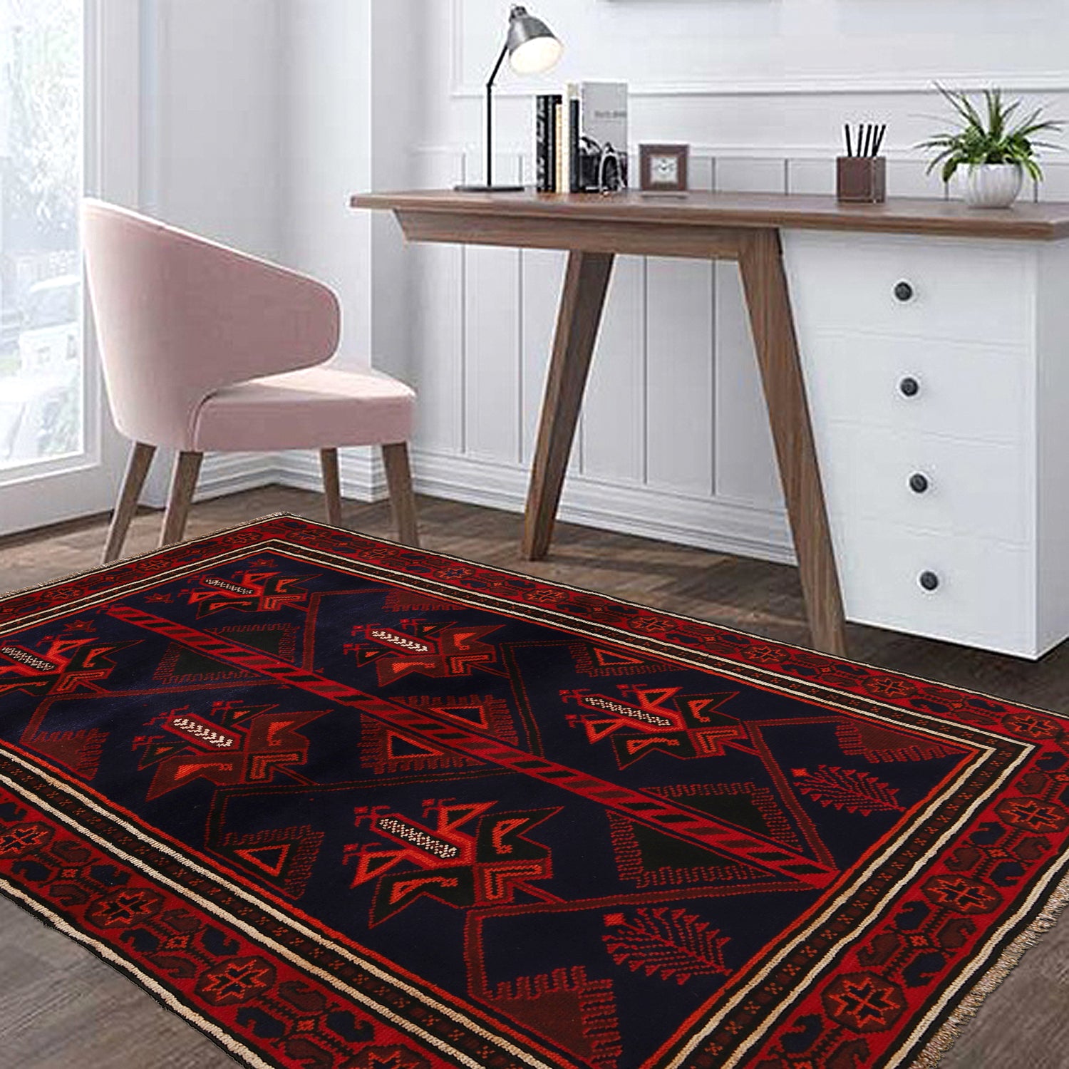 Baluchi Rug Handmade Navy Blue Geometric 4x6 ft