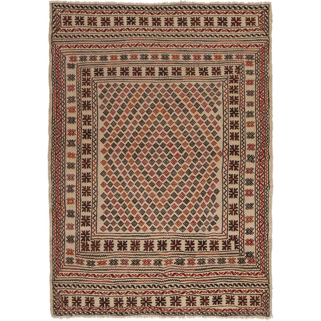 Soumak Kilim Area Rug Handmade White Geometric 4x6 ft