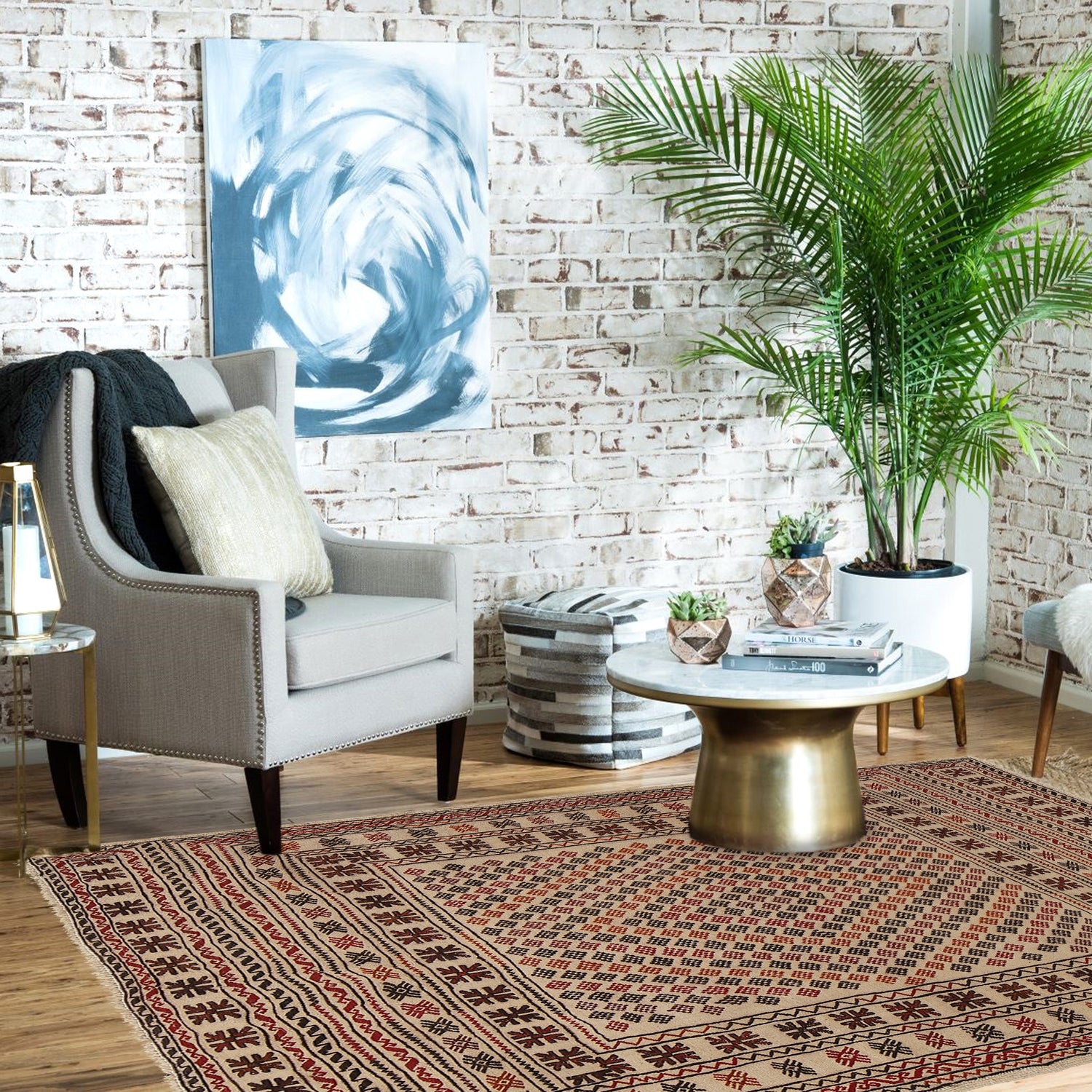 Soumak Kilim Area Rug Handmade White Geometric 4x6 ft