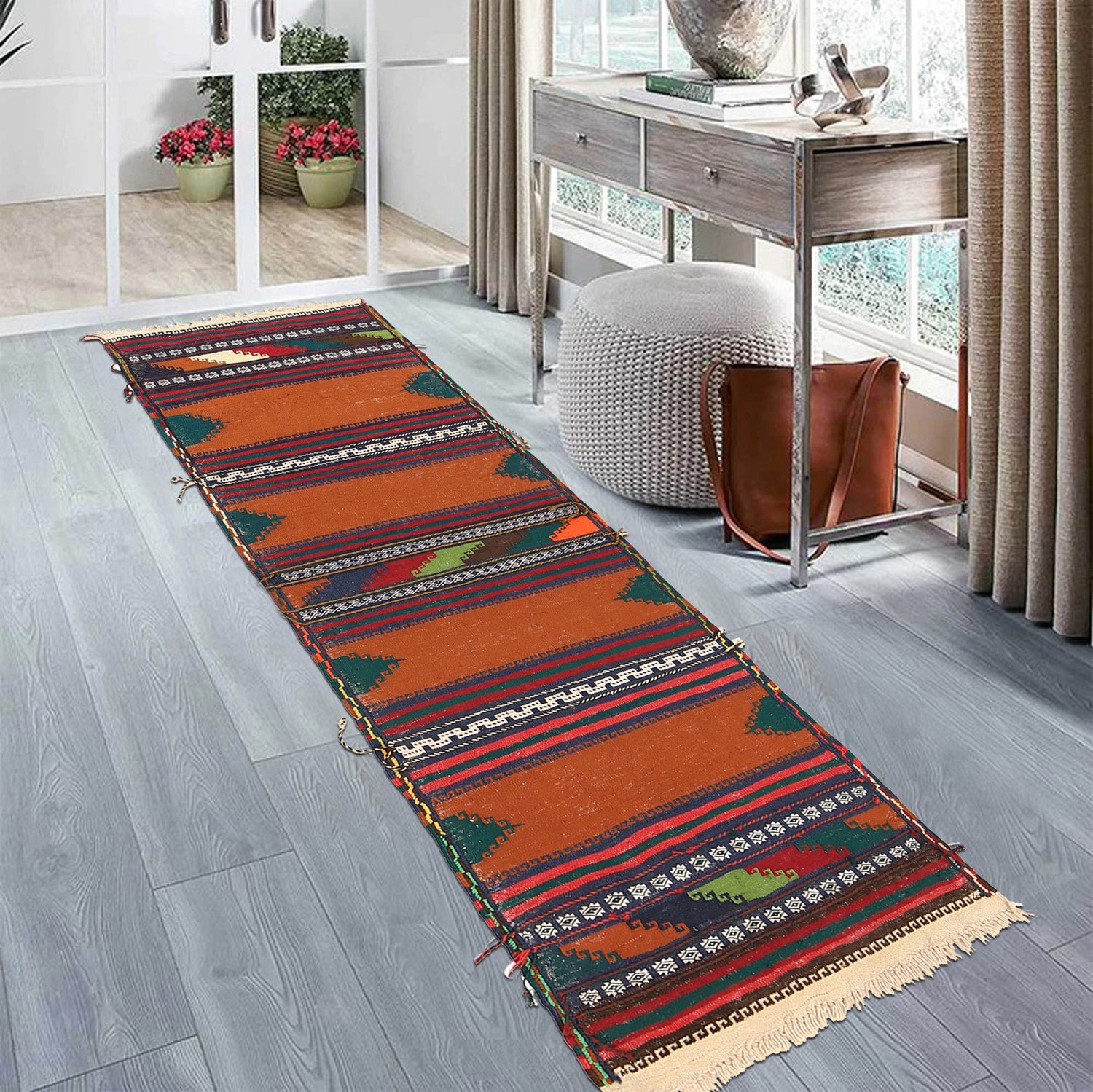 Table Sheet Runner Rug Handmade Brown Curvilinear 6' Runner