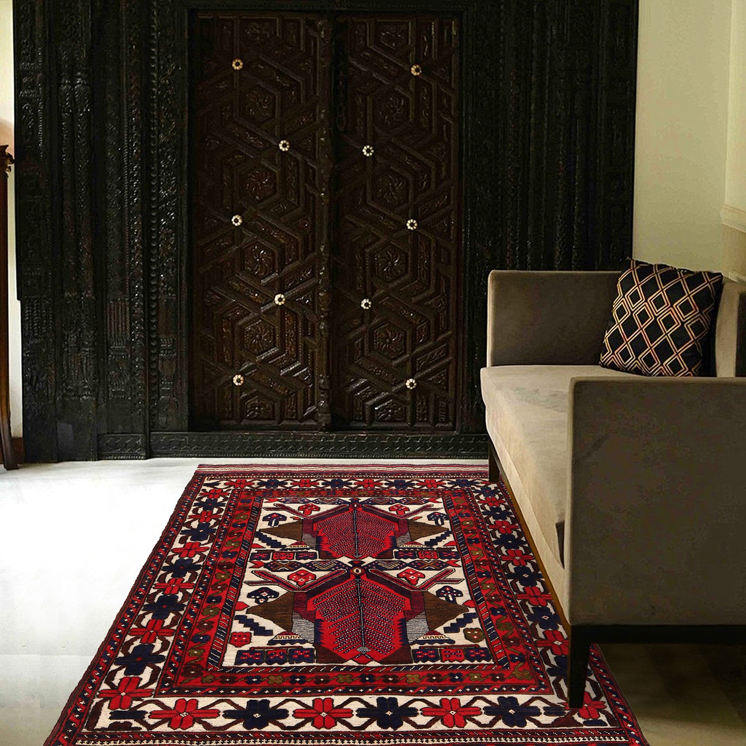 Barjasta Area Rug Handmade Beige Floral 4x6 ft