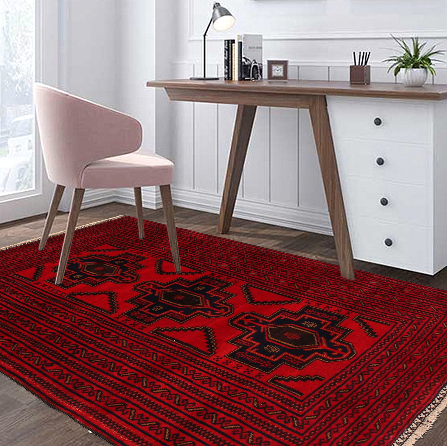 Baluchi Rug Handmade Red Geometric 4x6 ft